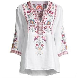 Johnny Was White Linen Floral Embroidered Boho Chic Tunic Top S